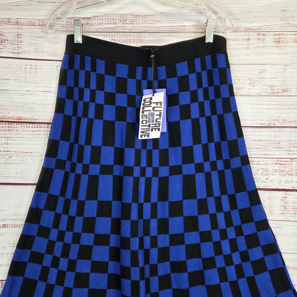 Future Collective Stretch Aline Midi Skirt M Black Blue Check Plaid Party NWT - Picture 5 of 12